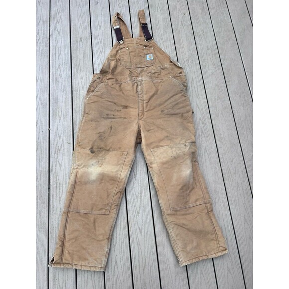 Carhartt 48x 32 R03 Duck Insulated Distressed Bib Overalls Double Knee Trashed